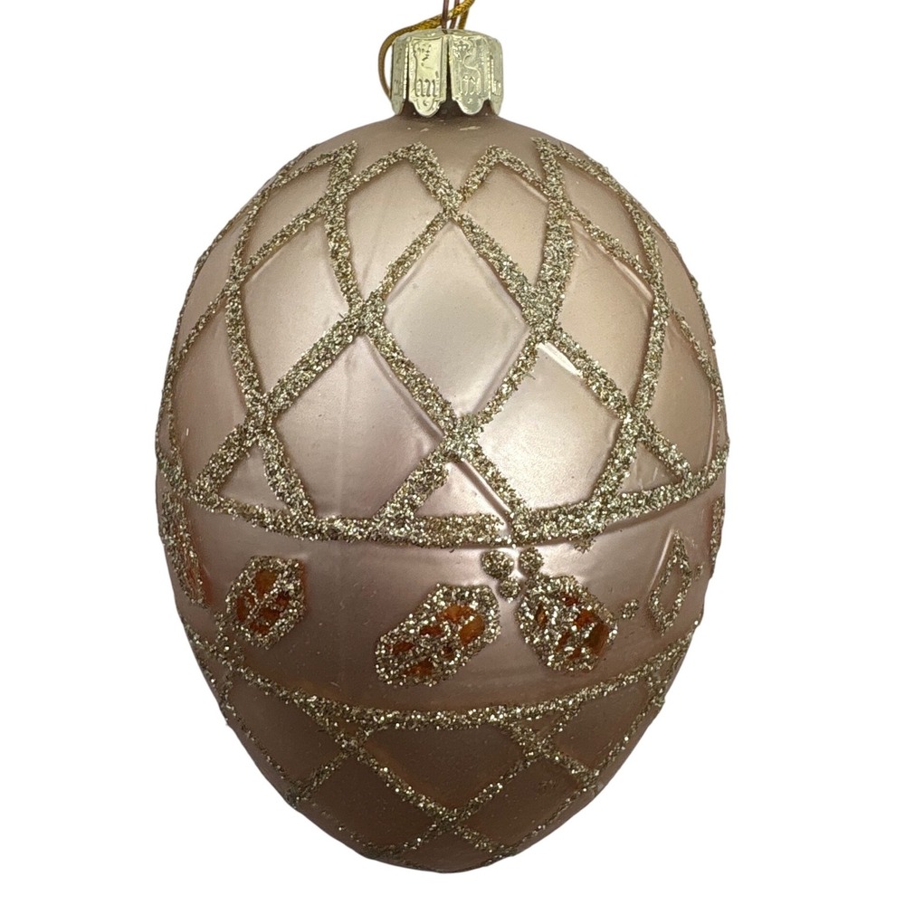 Champagne Pinkโ Blown Glass Egg Christmas Ornament Gold Glitter Trellis 4" Vtg